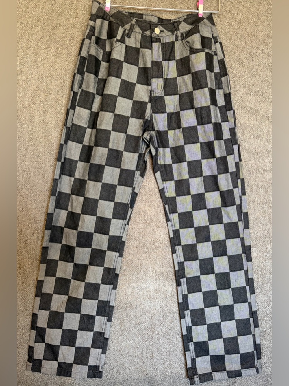 Straight Leg Checkerboard Jeans - Black/Gray